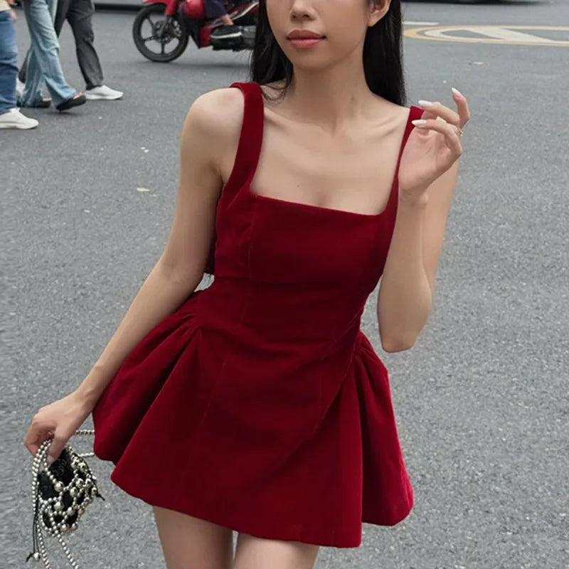 Spaghetti Strap Open Back Oversized Bow Flared Mini Dress