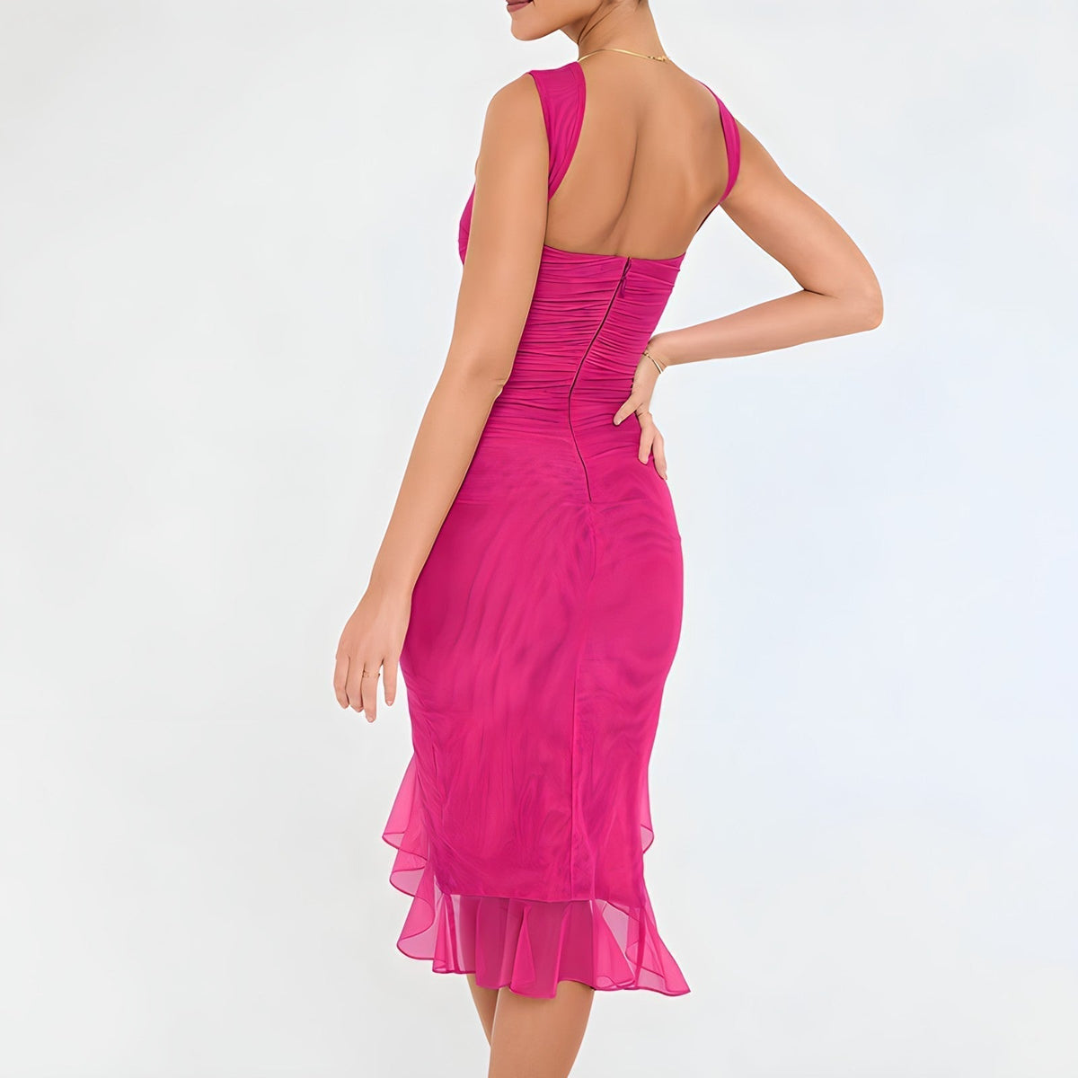 Ruched Crew Neck High Split Ruffle Hem Bodycon Midi Dress