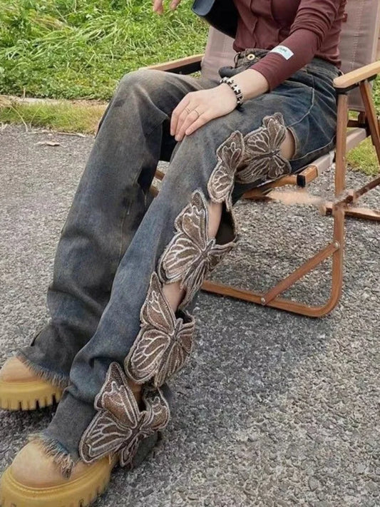 Fashion Vintage Butterfly Hollow Out Jeans