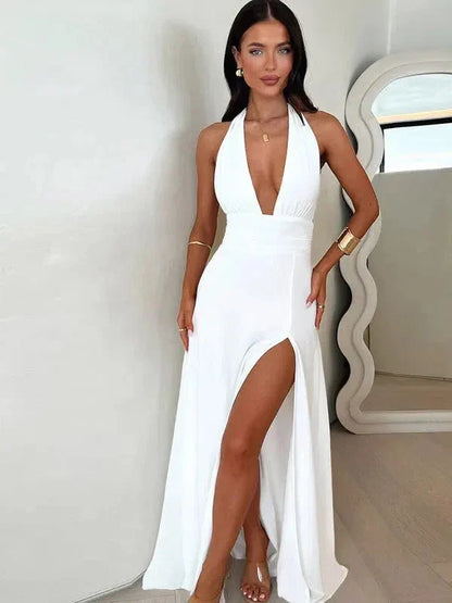 Alizey Deep Halterneck Strap Backless High Slit Dress