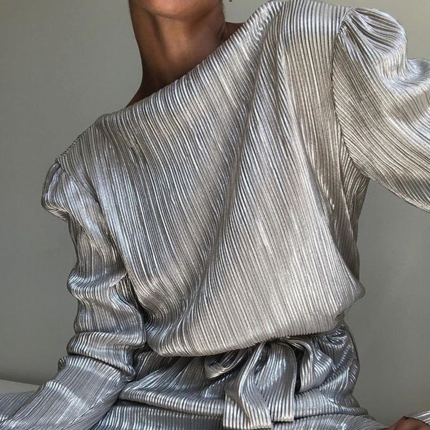 Metallic Ribbed Pleated Long Sleeve Tie Waist Side Slit Midi Dress