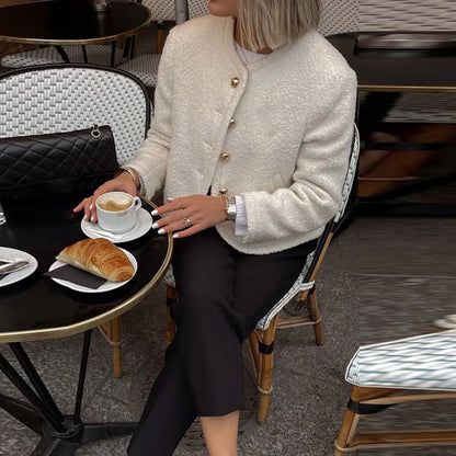 Elegant Solid O-neck Plush Short Coats Women Retro Slim Fit Single Breasted Jackets Female New Spring Chic Office Outwear
