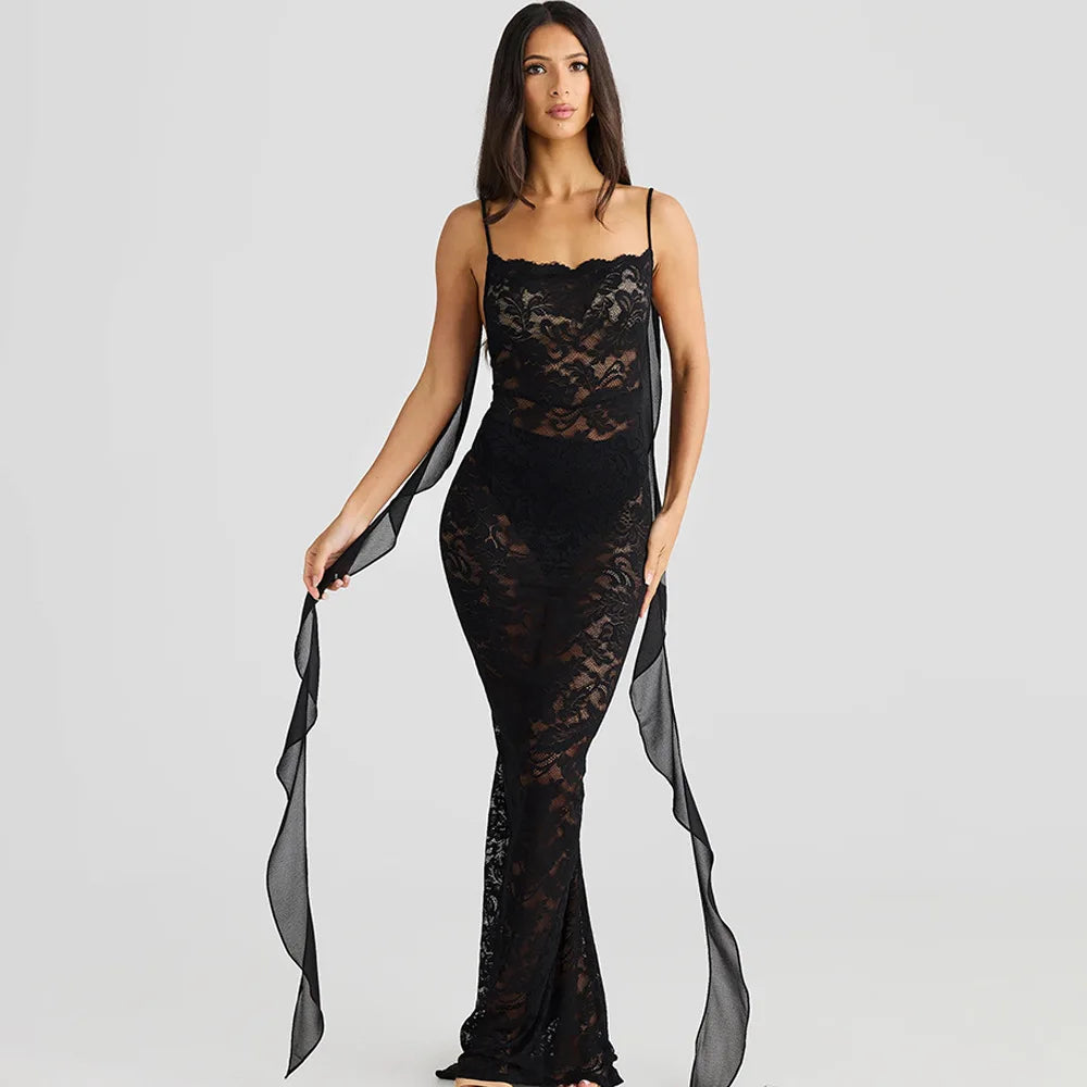 Lace Backless Spaghetti Strap Trailing Ribbon Ruffle Maxi Dress