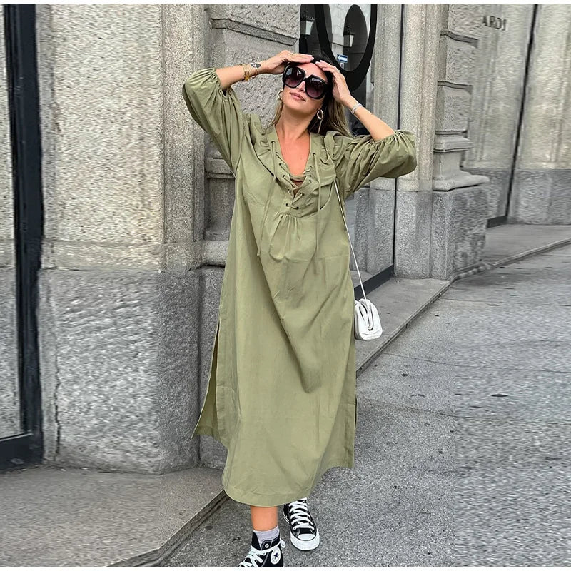Casual Street Lace Up Long Dresses Women New Chic Loose V-neck Side Slit Solid Dress Female Summer Versatiel Street Party Robes