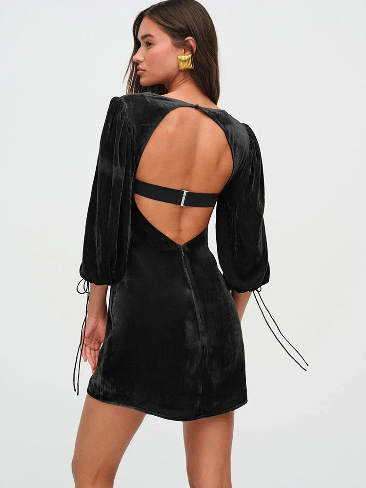 Velvet Puff Sleeve Tie Cuff Open Back Buckle Strap Mini Dress