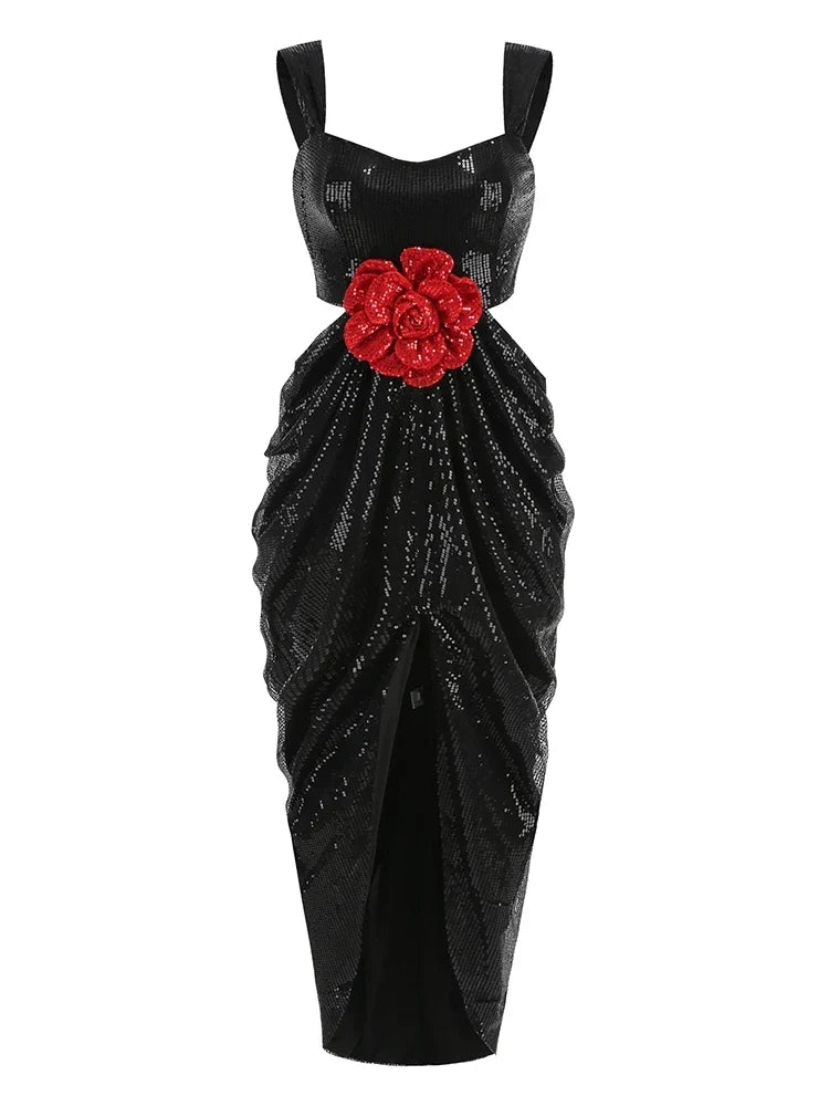 Sequin Square Neck Waist Cutout 3D Floral Applique Draped Wrap Slit Maxi Dress