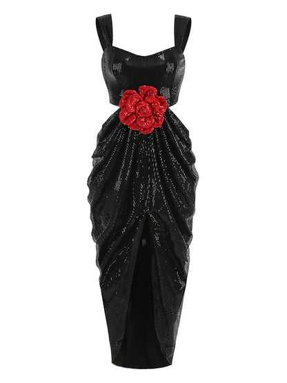 Sequin Square Neck Waist Cutout 3D Floral Applique Draped Wrap Slit Maxi Dress
