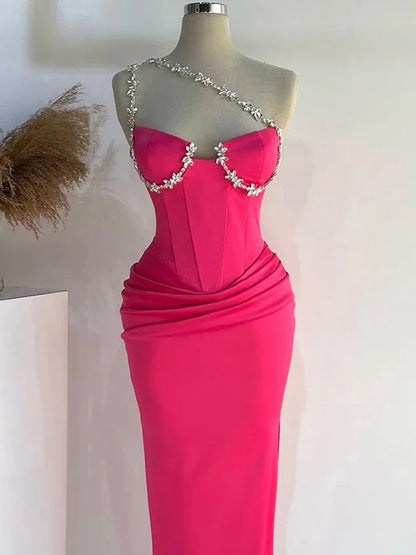 One Shoulder Rhinestone Strap Corset Sweetheart Neck Bodycon Midi Dress