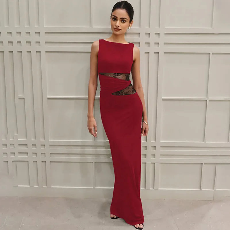 One Shoulder Lace Panel Waist Cutout Bodycon Maxi Dress