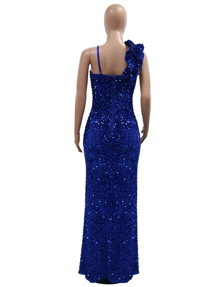 Sequin Sweetheart One Shoulder 3D Rosette High Slit Maxi Dress