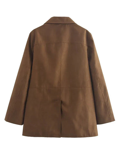Turn Down Collar Brown Autumn Jacket for Women Casual Single Breasted Long Coat Jacket Female Winter Jacket Back Slit