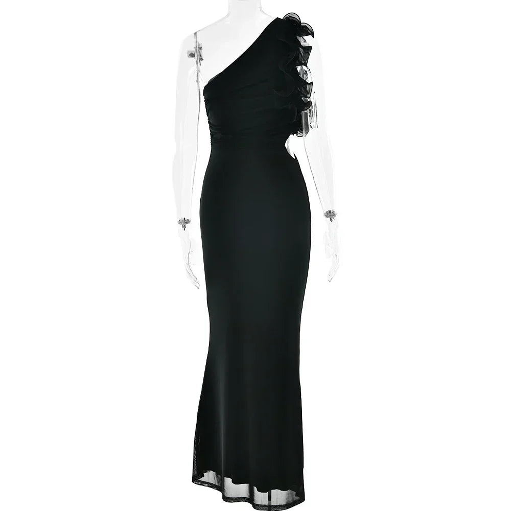 One-Shoulder Floral Ruffle Strap Ruched Side Cutout Mermaid Maxi Dress