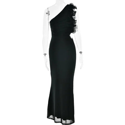 One-Shoulder Floral Ruffle Strap Ruched Side Cutout Mermaid Maxi Dress