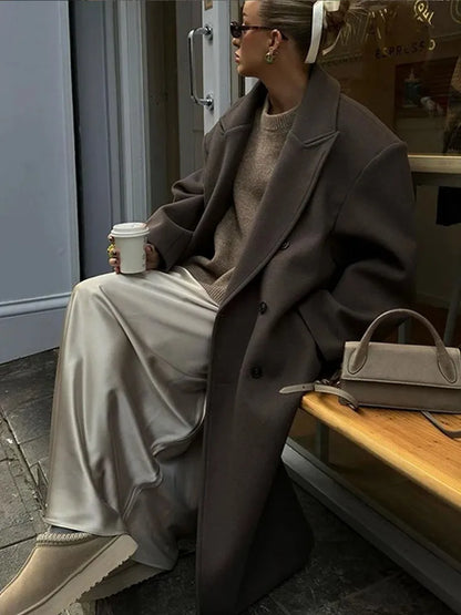 Casual Brown Wool Long Coats for Women Loose Turn Down Collar Double Breasted Female Overcoat Autumn Winter Street Lady Outwear