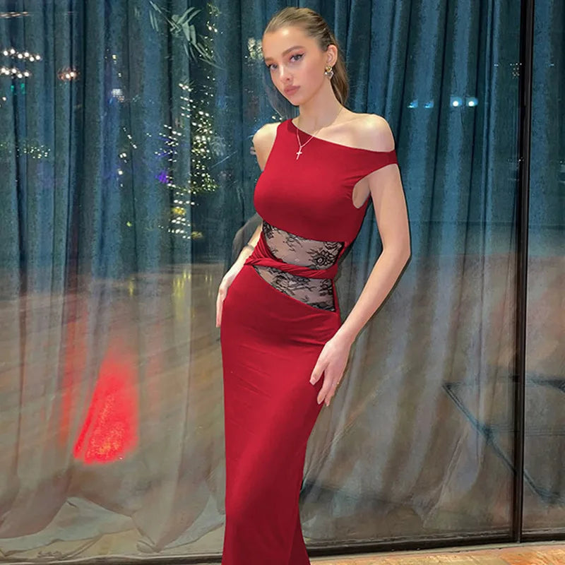 One Shoulder Lace Panel Waist Cutout Bodycon Maxi Dress