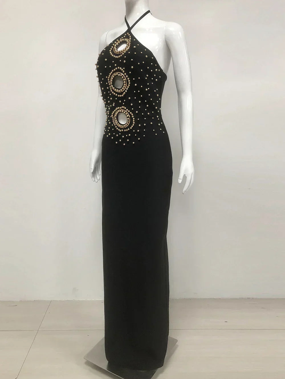Halter Ring Cut Out Studded Thigh Slit Backless Maxi Gown