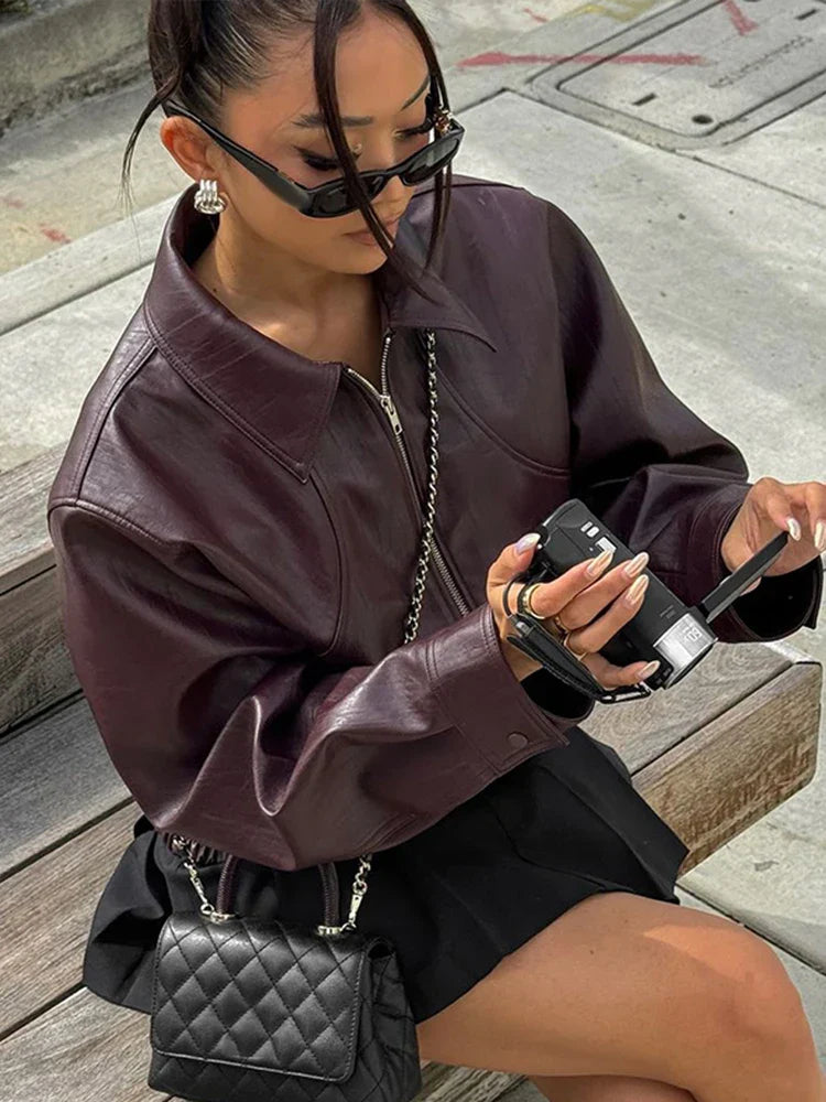 PU Leather Women Jackets Coats Casual Turn Down Collar Long Sleeve Zipper Female Motorcycle Top Coat Autumn Vintage Outwear