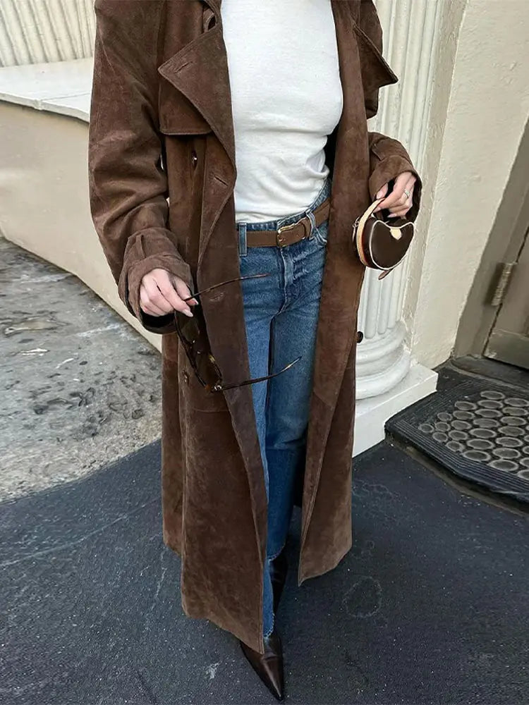 Fashion Solid With Belt Suede Long Jacket 2024 Women Chic Button Lapel Oversize Loose Overcoat Autumn Female High Street Coat