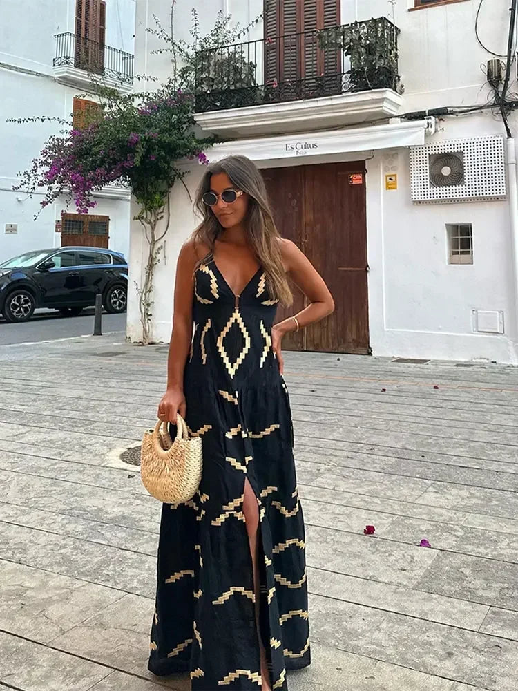 Sexy Backless Women Print Halter Maxi Dress Fashion Deep V-neck High Waist Split Dresses Summer Lady Loose High Street Robe