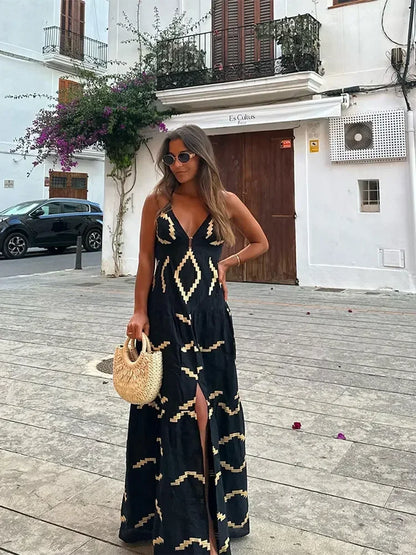 Sexy Backless Women Print Halter Maxi Dress Fashion Deep V-neck High Waist Split Dresses Summer Lady Loose High Street Robe