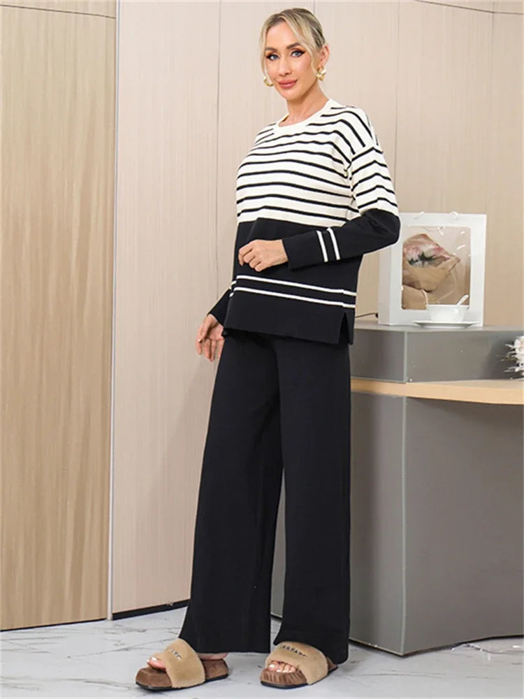 Black - Striped Knitted Loose Two Piece Set