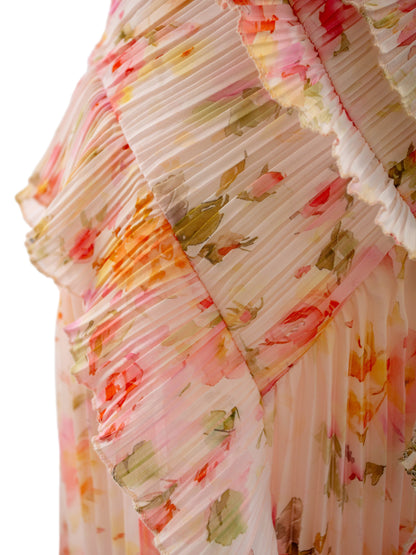 Date Night Dresses Maxi Asymmetrical Pleated Ruffles Sleeveless Floral Print Halter Elegant Dress