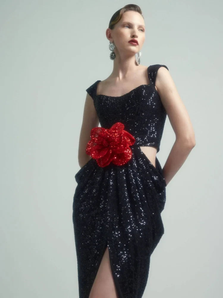 Sequin Square Neck Waist Cutout 3D Floral Applique Draped Wrap Slit Maxi Dress