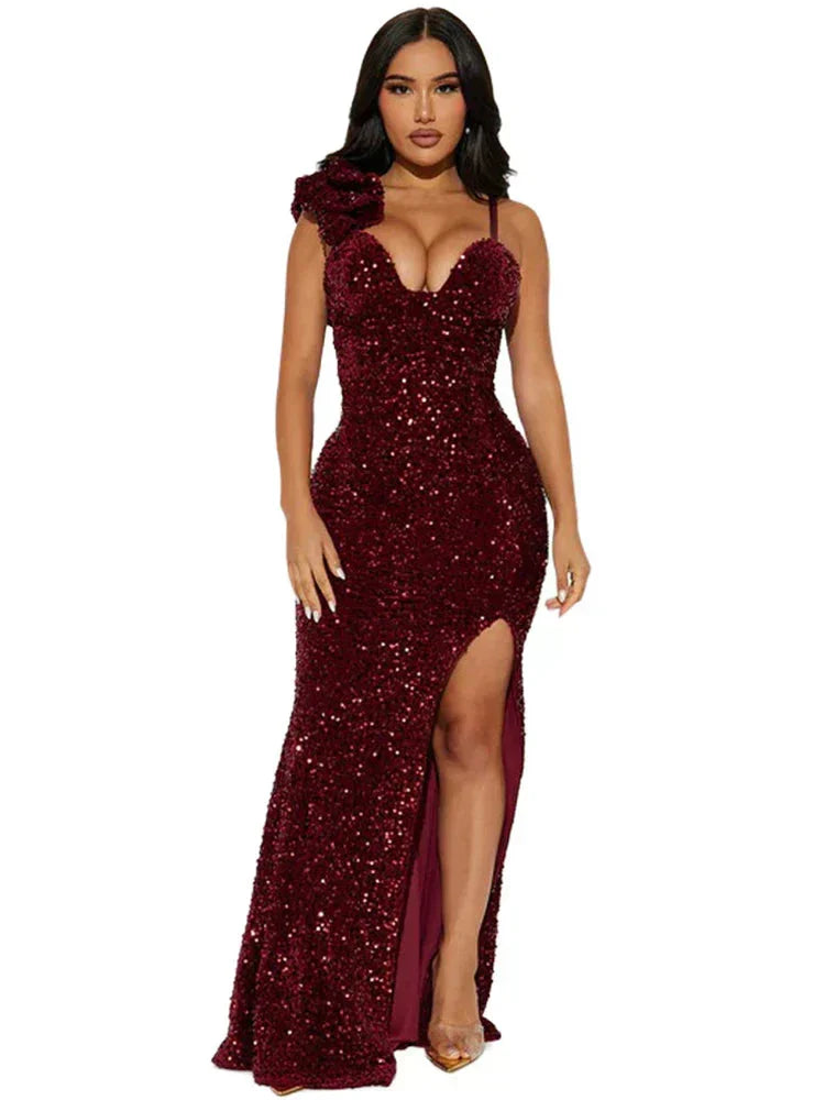 Sequin Sweetheart One Shoulder 3D Rosette High Slit Maxi Dress