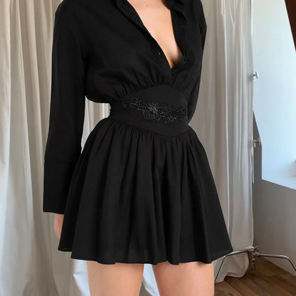 Point Collar Deep V Embroidered Waist Pleated Skater Mini Dress