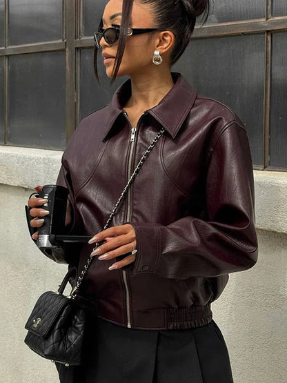 Solid Zipper Leather Jacket For Women Casual Turn-down Collar Long Sleeve Female Coat 2024 New Autumn Casual Ladies Outerwears