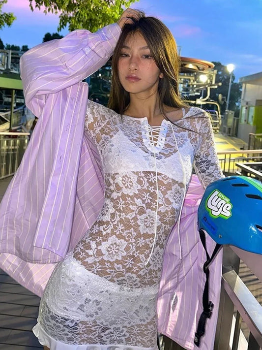 Long Sleeve Streetwear White Lace Dress For Women Slash Neck Outfits See Through Fashions Vestidos Elegantes Para Mujer Ruffles