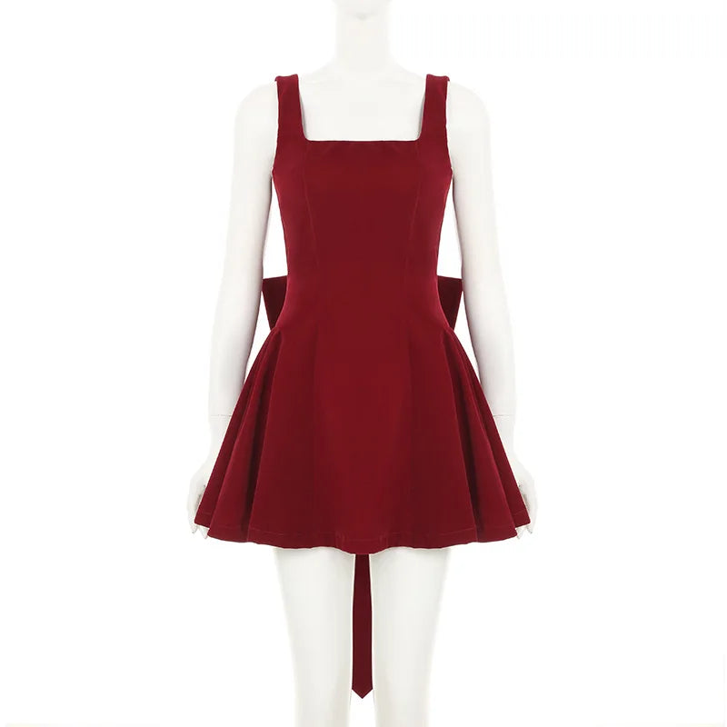Spaghetti Strap Open Back Oversized Bow Flared Mini Dress