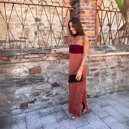 Strapless Tube Choker Sheer Overlay High Slit Maxi Dress