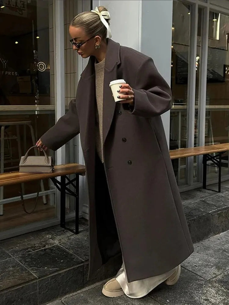 Casual Brown Wool Long Coats for Women Loose Turn Down Collar Double Breasted Female Overcoat Autumn Winter Street Lady Outwear