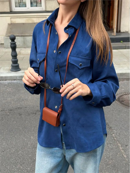 Solid Color Casual Outerwear Women Single Breasted Long Sleeve Pocket Shirt Jackets Spring Autumn Vintage Fashion Simple Jacket