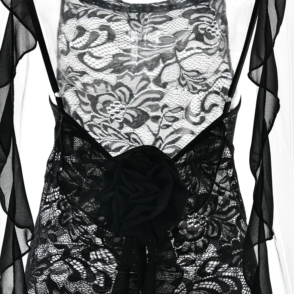 Lace Backless Spaghetti Strap Trailing Ribbon Ruffle Maxi Dress