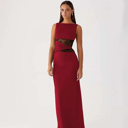 One Shoulder Lace Panel Waist Cutout Bodycon Maxi Dress