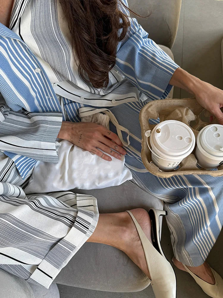 Stripe Loose Women Top Set Wide Leg High Waist Lady Pants Sets 2025 Fashion Contrasted Long Sleeve Turn-Down Collar Female Suit
