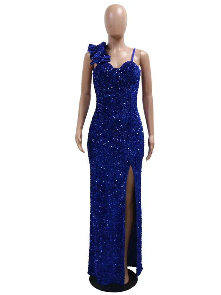 Sequin Sweetheart One Shoulder 3D Rosette High Slit Maxi Dress