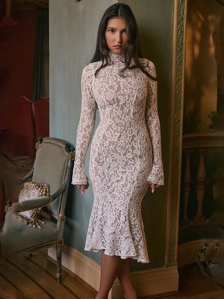 Floral Lace High Neck Long Sleeve Bodycon Midi Dress