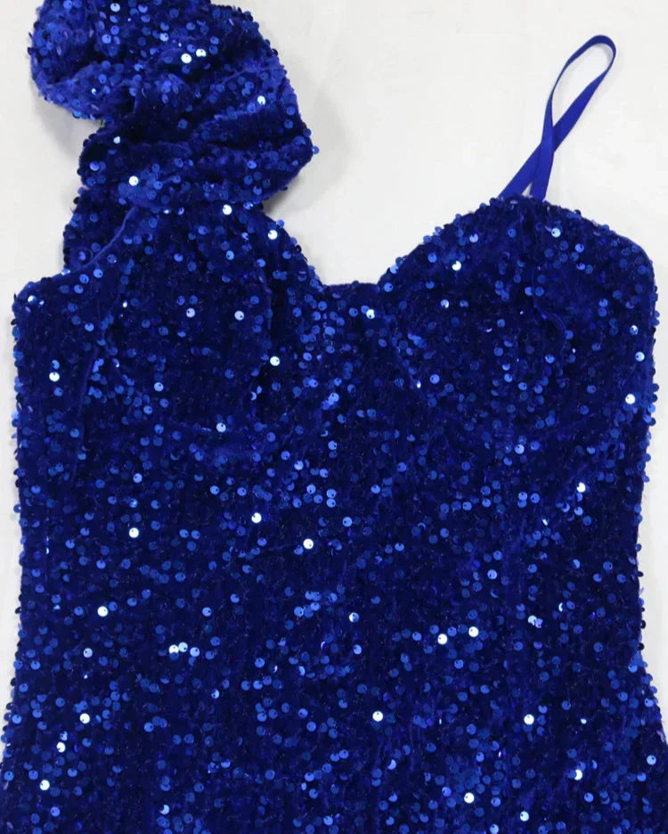 Sequin Sweetheart One Shoulder 3D Rosette High Slit Maxi Dress