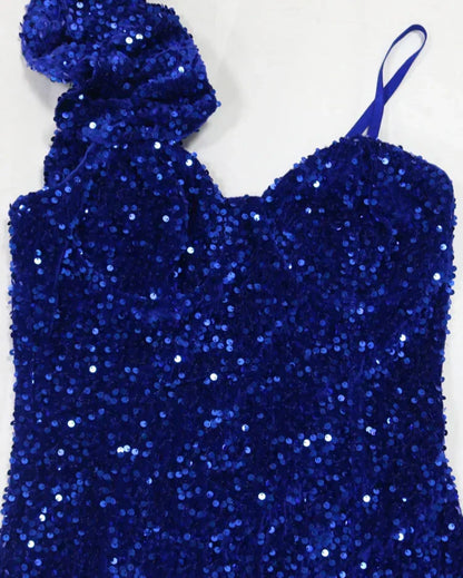 Sequin Sweetheart One Shoulder 3D Rosette High Slit Maxi Dress