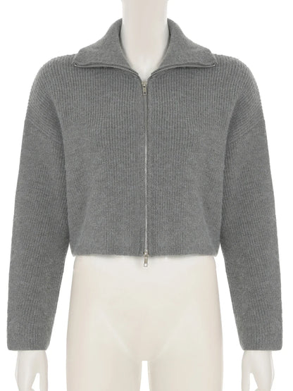 Casual Solid Zipper Knitted Cardigans Slim Turn-Down Collar Long Sleeve Sweater Coats Women Autumn Winter Fashion