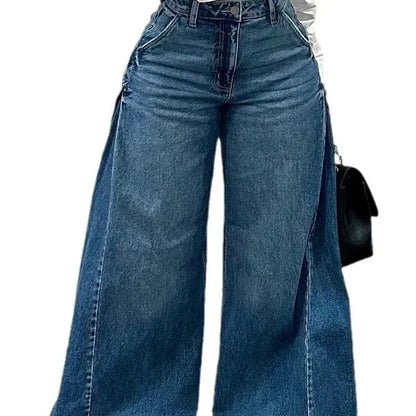 Blue Washed Women Flared Jeans Harajuku Y2k Oversized Wide Leg Spliced Tassel Denim Pants Baggy American Retro Trousers