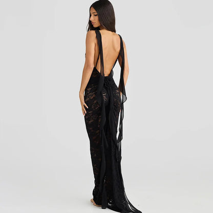 Lace Backless Spaghetti Strap Trailing Ribbon Ruffle Maxi Dress