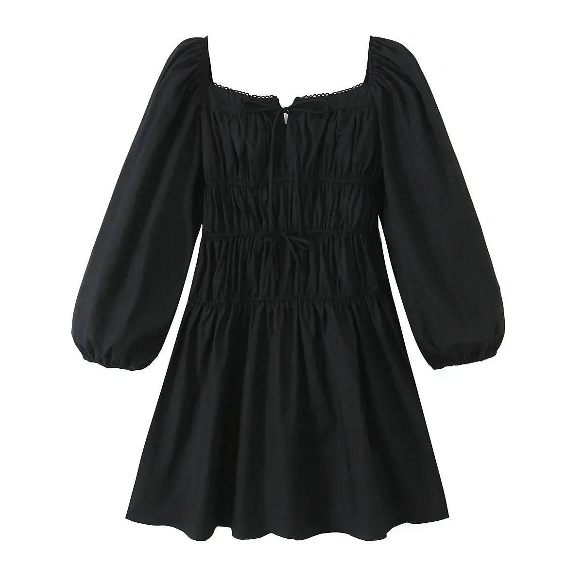Square Neck Bow Tie Puff Sleeve Smocked Waist Mini Dress