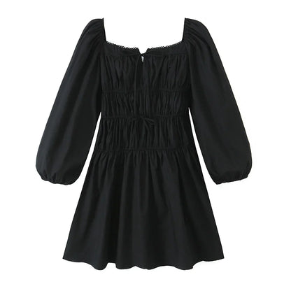 Square Neck Bow Tie Puff Sleeve Smocked Waist Mini Dress