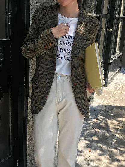 Vintage Wool Blends Coats Women Plaid Woolen Jacket Elegant Commute Blazer Korean Long Sleeve Outerwears Winter Ladies Overcoat
