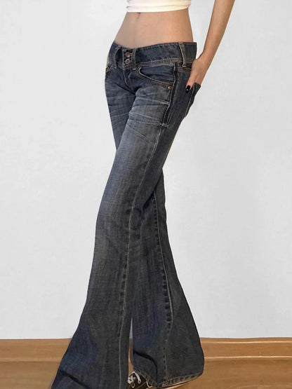 Vintage y2k Flared Jeans Retro Button-up Low Rise Casual Denim Pants Harajuku 2000s Trousers Basic Aesthetic Mom Jeans