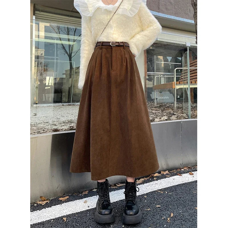 AmyVictoria | Classic Belt Corduroy Midi Skirt